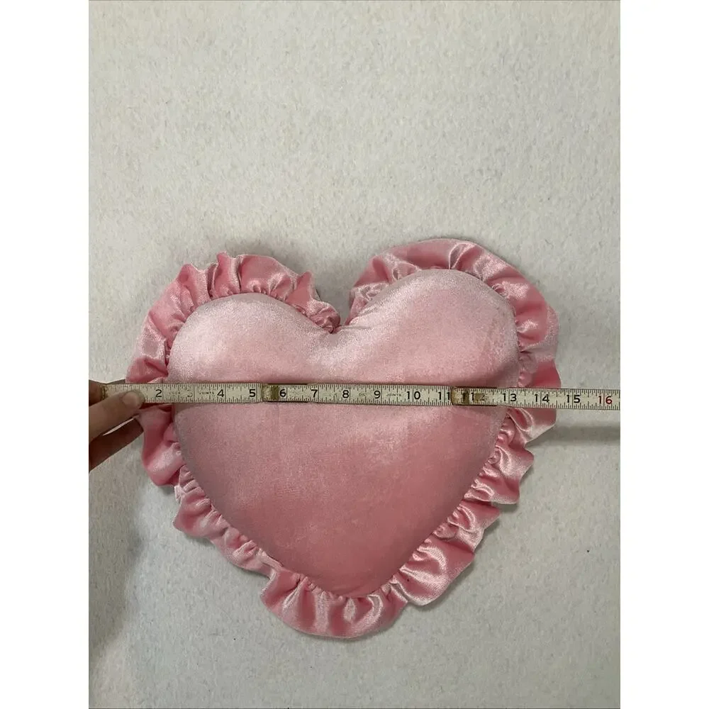 Sweet Pink Velvet Heart Decorative Throw Pillow, Solid, Ruffled Edge, Bedroom/LR